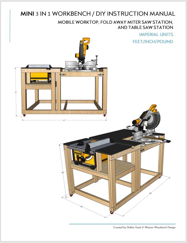 Compact Mobile Workbench Plans for Miter / Table Saw - Instant PDF Download - Imperial Units