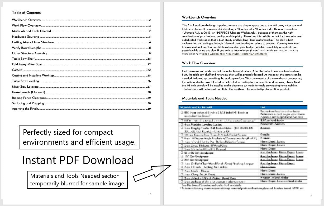 Compact Mobile Workbench Plans for Miter / Table Saw - Instant PDF Download - Imperial Units