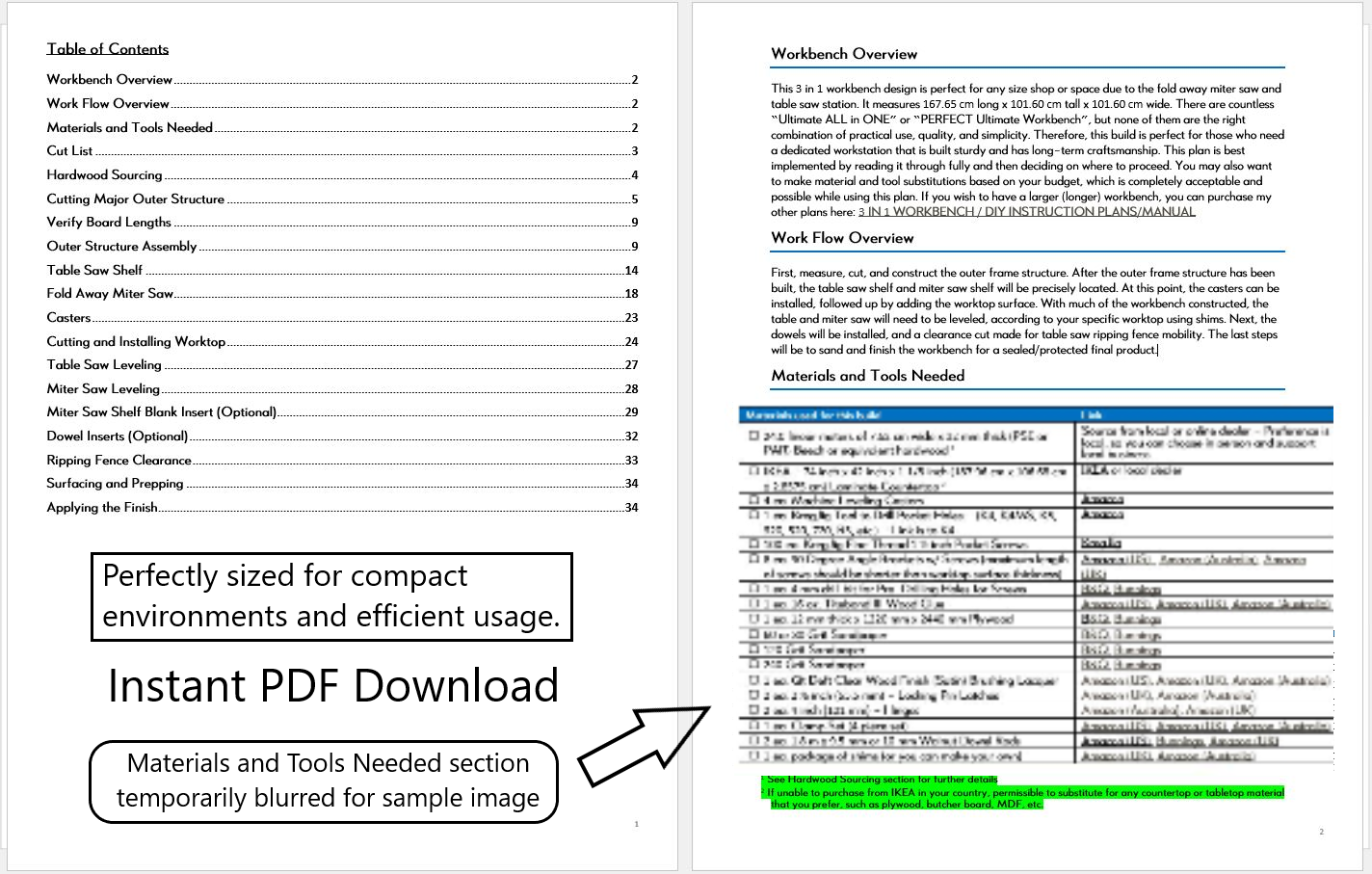 Compact Mobile Workbench Plans for Miter / Table Saw - Instant PDF Download - Metric Units
