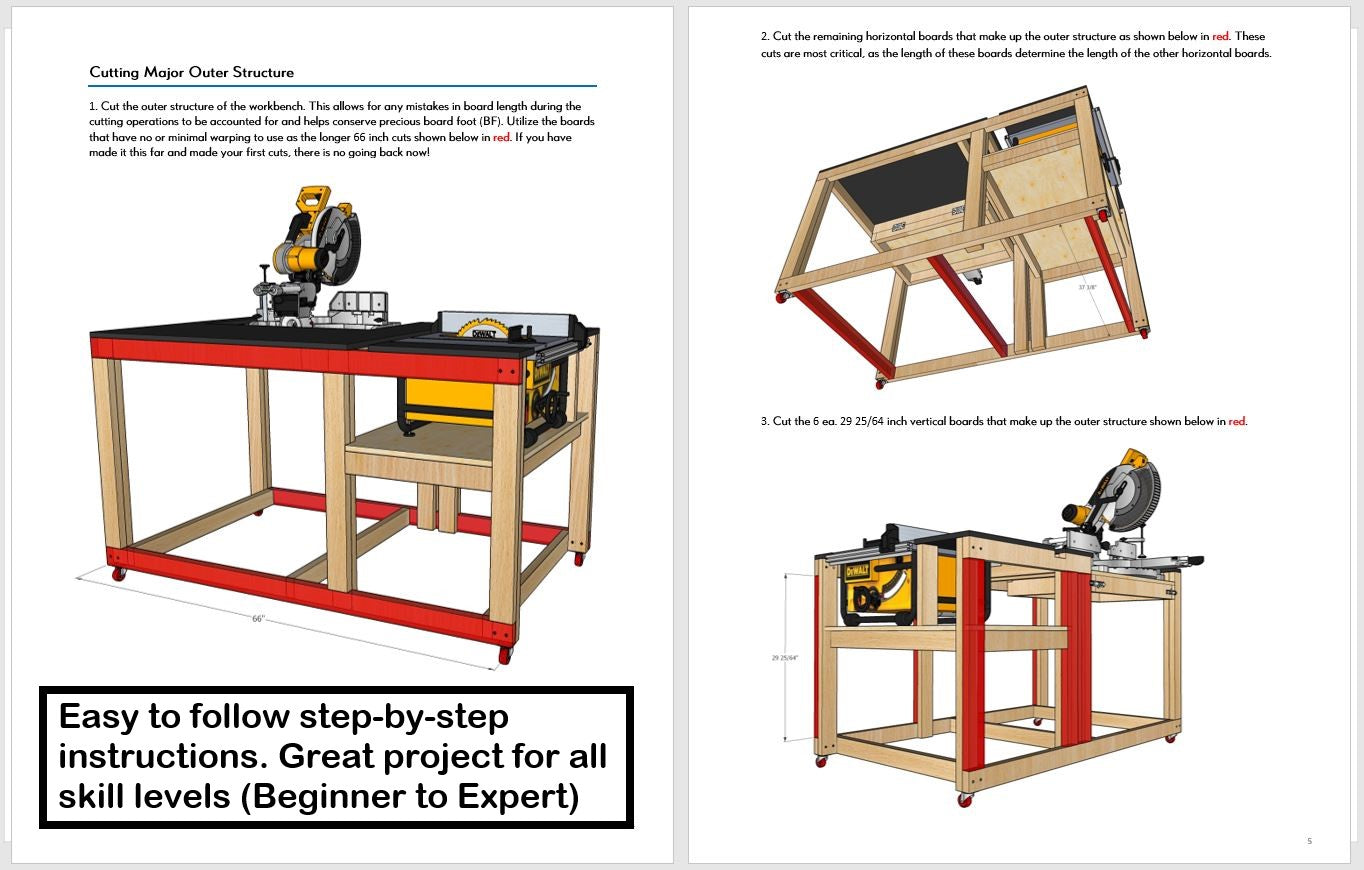 Compact Mobile Workbench Plans for Miter / Table Saw - Instant PDF Download - Imperial Units