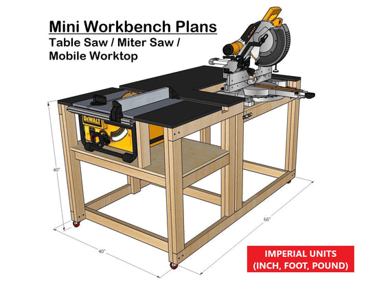 Compact Mobile Workbench Plans for Miter / Table Saw - Instant PDF Download - Imperial Units