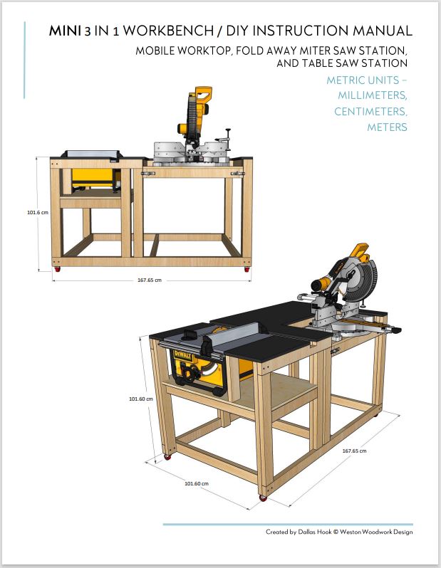 Compact Mobile Workbench Plans for Miter / Table Saw - Instant PDF Download - Metric Units