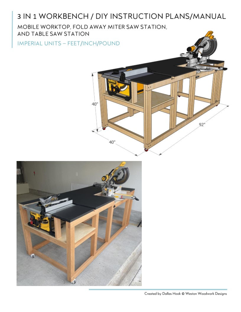 Mobile Miter / Table Saw Workbench Plans - Instant PDF Download - Imperial Units